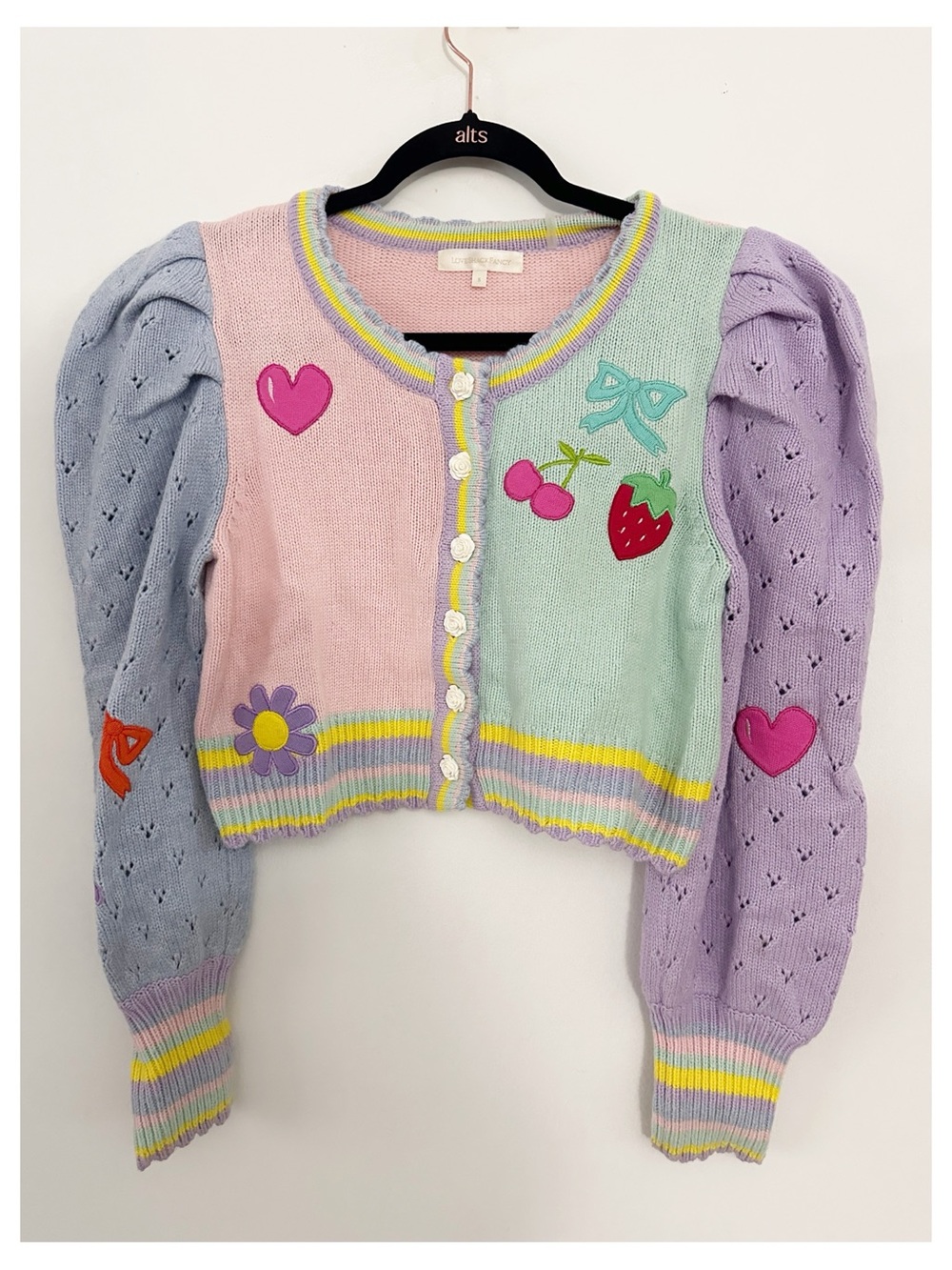 LoveShackFancy Brody Cardigan Size S Pastel Multi Heart Fruit Applique $425 - Picture 2 of 7